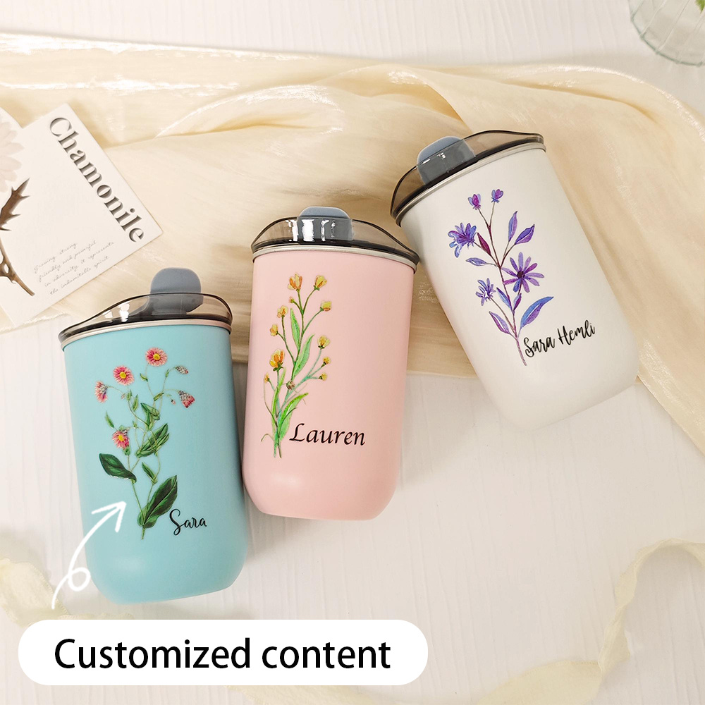 Coffee Equipment With Name - カスタムバースフラワー ステンレススチールタンブラー フリップ蓋付き、名前入りパーソナライズトラベルウォーターカップ、花柄サーマルコーヒーカップ。