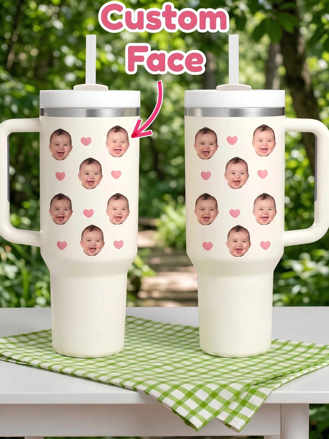 Coffee Equipment With Name - カスタムフェイス断熱タンブラー 40オンス ハンドルとストロー付き パーソナライズされた写真と名前入り ステンレス鋼製ウォーターカップ トラベルコーヒーボトル